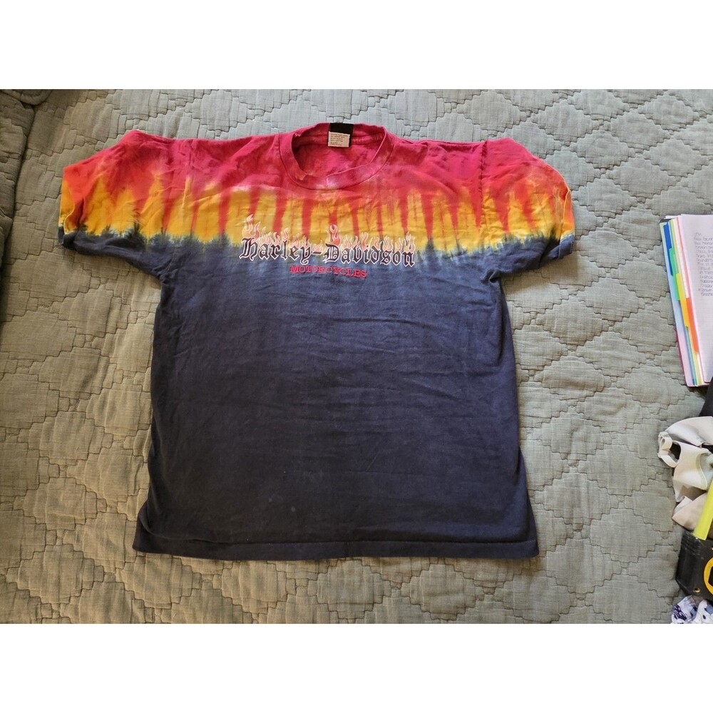 Vintage Y2k Sundog Tie Dye Harley Davidson Flame Cotton T Shirt Mens Size Large